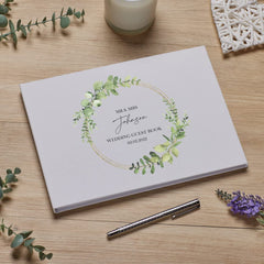 Personalised Green Leaf Wreath Wedding Linen Guest Book Printed