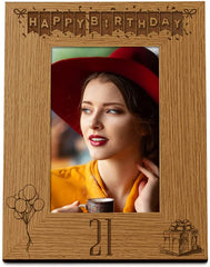Happy 21st Birthday Engraved Photo Frame Gift Stars and Balloons Portrait