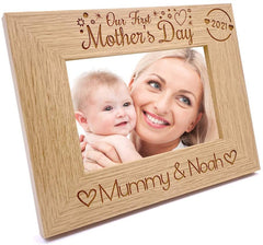 ukgiftstoreonline Personalised Our first Mothers Day Photo Frame Oak wood finish Landscape