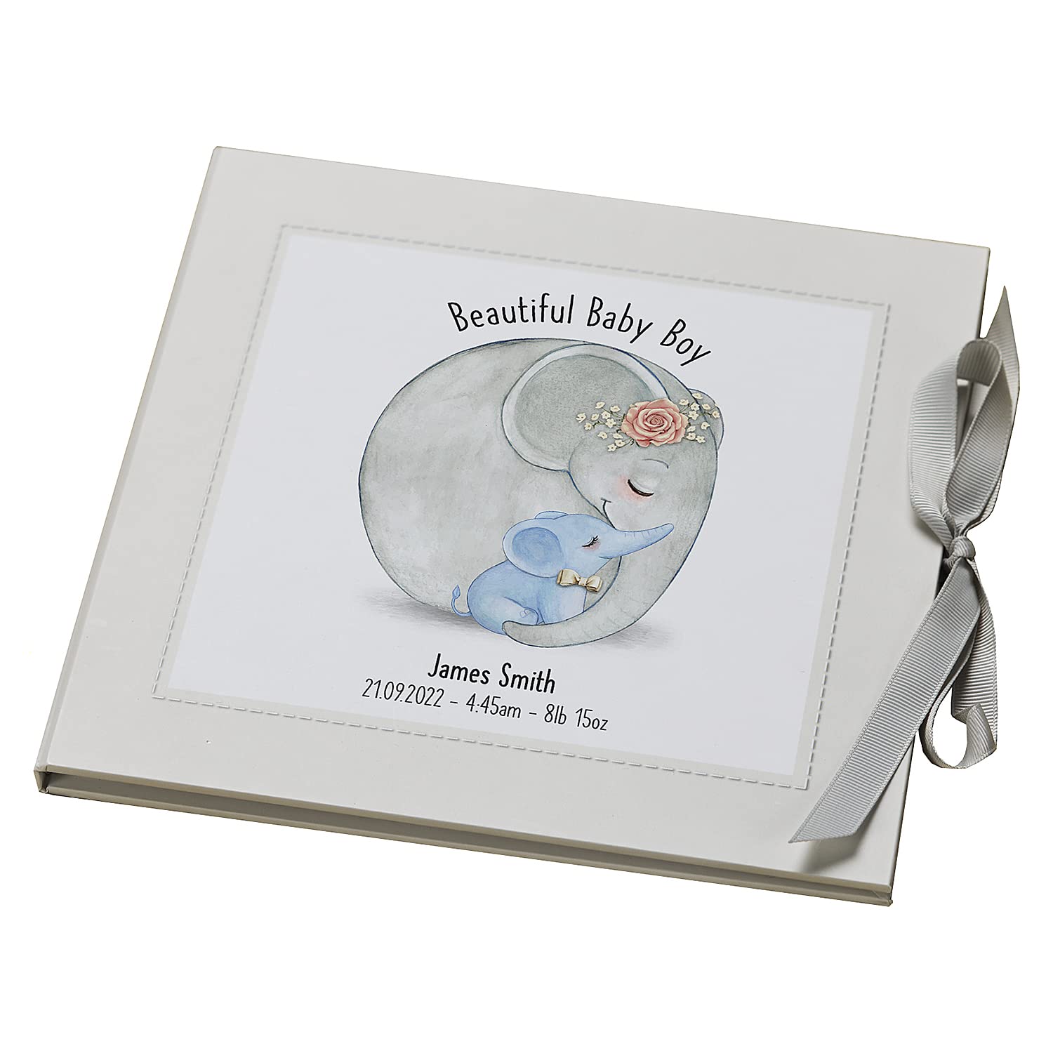 ukgiftstoreonline Personalised Beautiful Baby Boy Memory Record Memory Book With elephants Record Book ukgiftstoreonline
