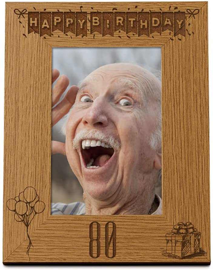 Happy 80th Birthday Engraved Photo Frame Gift Stars and Balloons Portrait Photo Frame ukgiftstoreonline 4 x 6 Inch