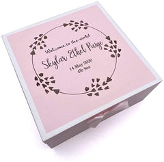 Personalised Baby Girl Pink Wooden Memories Keepsake Box Heart Wreath