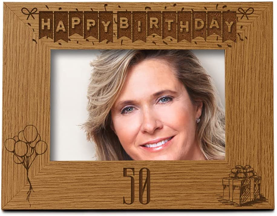 Happy 50th Birthday Engraved Photo Frame Gift Stars and Balloons Landscape Photo Frame ukgiftstoreonline 4 x 6 Inch