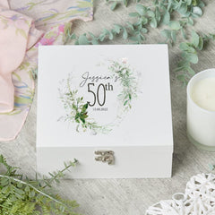 ukgiftstoreonline Personalised 50th Birthday Keepsake Wooden Box Gift With Botanical Design
