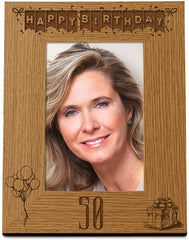 Happy 50th Birthday Engraved Photo Frame Gift Stars and Balloons Portrait
