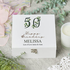 ukgiftstoreonline Personalised 50th Birthday Green Leaf Design Keepsake Wooden Gift Box