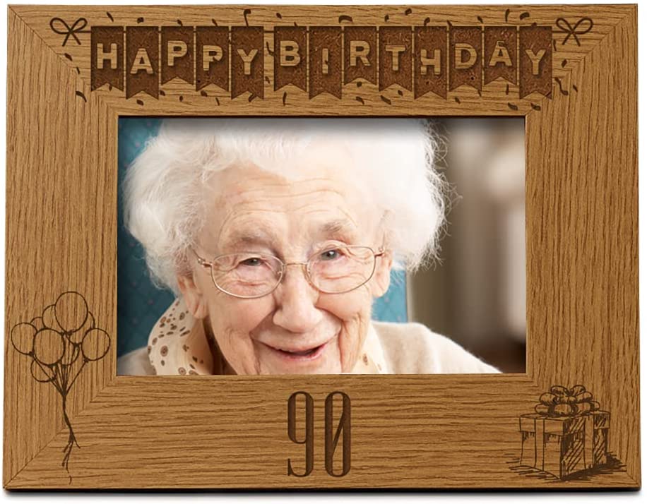 Happy 90th Birthday Engraved Photo Frame Gift Stars and Balloons Landscape Photo Frame ukgiftstoreonline 4 x 6 Inch