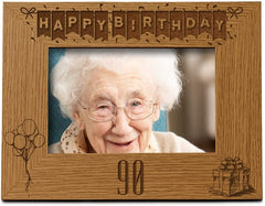 Happy 90th Birthday Engraved Photo Frame Gift Stars and Balloons Landscape