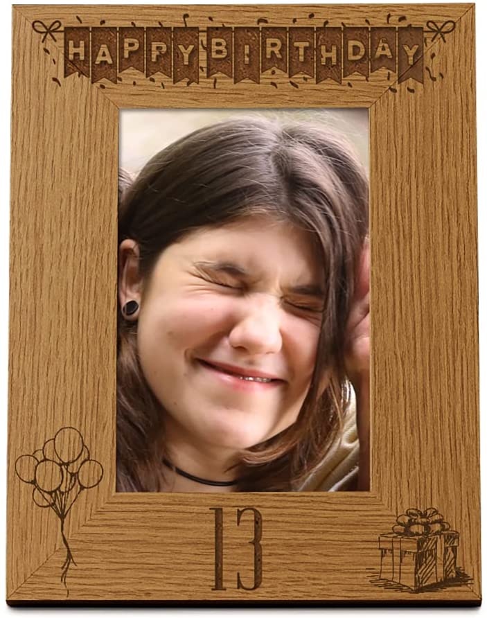 Happy 13th Birthday Engraved Photo Frame Gift Stars and Balloons Portrait Photo Frame ukgiftstoreonline 4 x 6 Inch