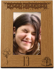 Happy 13th Birthday Engraved Photo Frame Gift Stars and Balloons Portrait