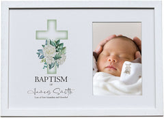 Personalised Baptism White Photo Frame With Green Cross 6"x4"