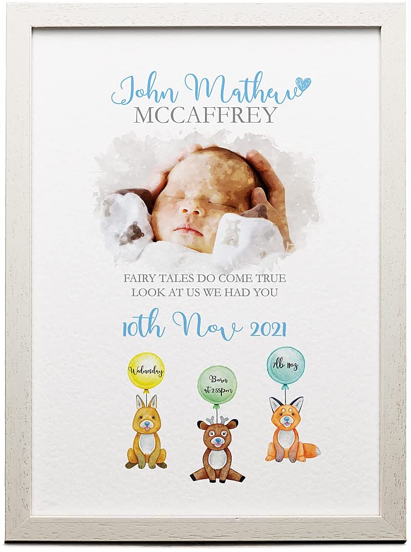 Personalised watercolour Baby Boy Birth Memory Framed Picture personalised photo frames ukgiftstoreonline A3 Framed Print