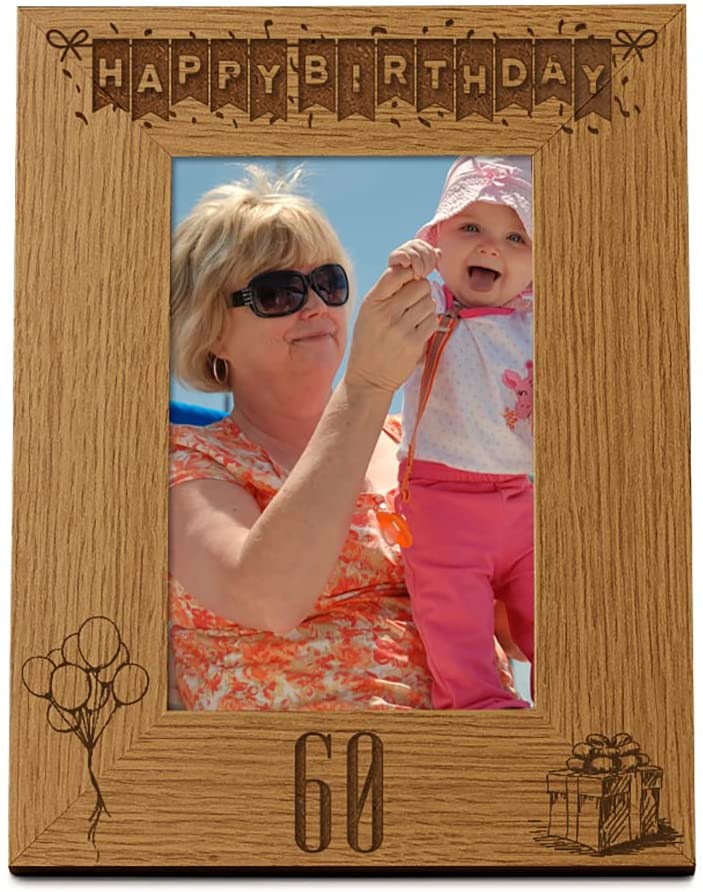 Happy 60th Birthday Engraved Photo Frame Gift Stars and Balloons Portrait Photo Frame ukgiftstoreonline 4 x 6 Inch