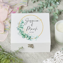 ukgiftstoreonline Personalised Wedding Wooden Box Gift With Wreath and Eucalyptus Design