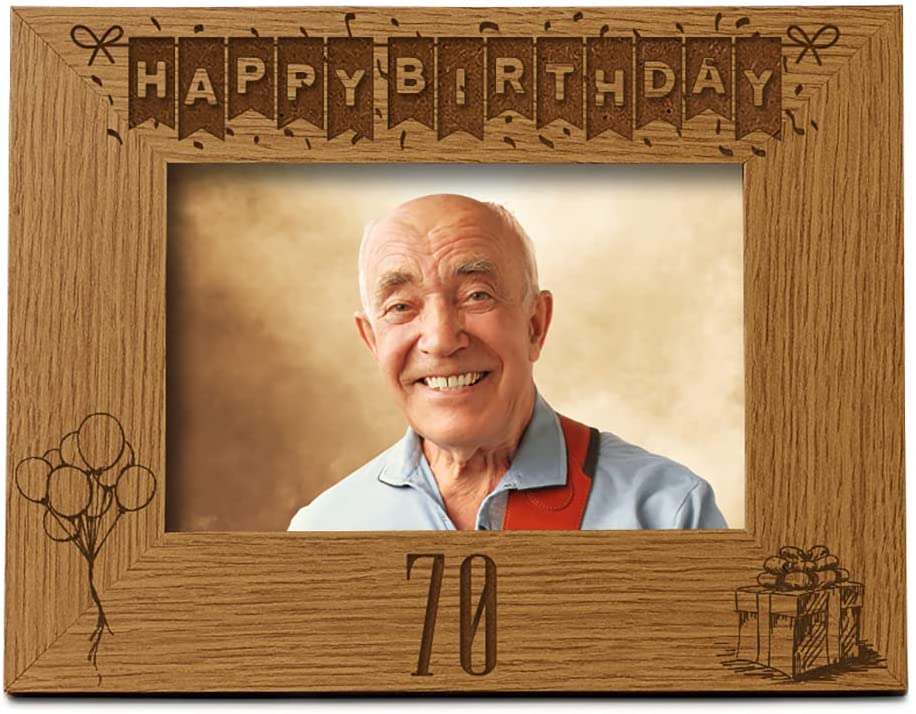 Happy 70th Birthday Engraved Photo Frame Gift Stars and Balloons Landscape Photo Frame ukgiftstoreonline
