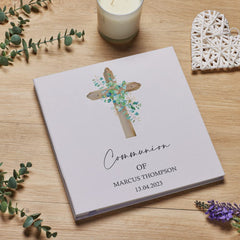 Personalised Communion Large Linen Cover Photo Album With Wood Cross