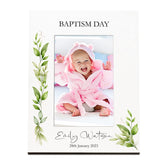 Personalised White Baptism Photo Picture Frame With Green Leaf Design