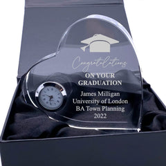 Engraved Personalised Graduation Gift Heart Crystal Glass Clock