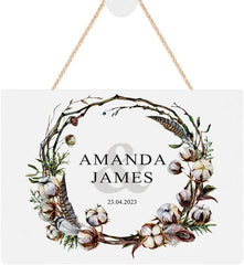 ukgiftstoreonline Personalised Wedding Hanging Rope Plaque Gift With Watercolour Rustic Cotton Design