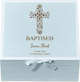 ukgiftstoreonline Personalised Baptism Blue Keepsake Box With Floral Cross Design