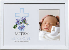 Personalised Baptism White Photo Frame With Blue Cross 6"x4"