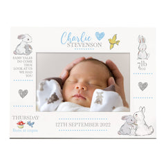 Personalised Baby Boy Photo Frame With Birth Details and Cute Rabbit