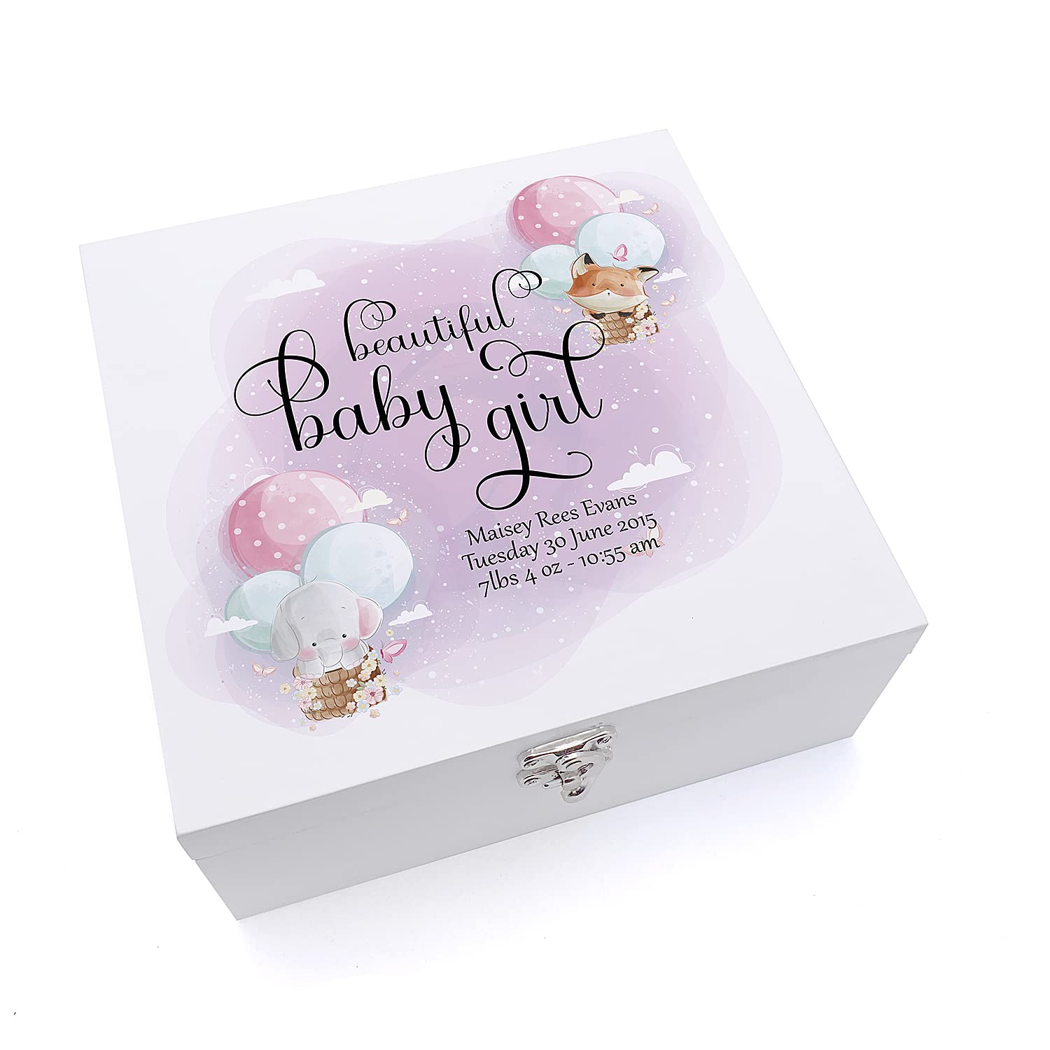 Personalised Baby Girl Keepsake Wooden Box Gift With Balloons Keepsake Boxes ukgiftstoreonline Large