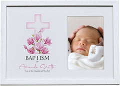 Personalised Baptism White Photo Frame With Pink Cross 6"x4"