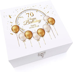 ukgiftstoreonline Personalised 70th Birthday Keepsake Large Wooden Box Gift With Golden Balloons