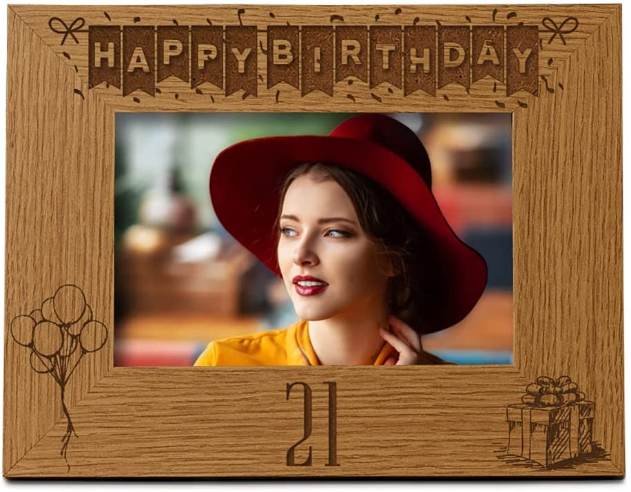 Happy 21st Birthday Engraved Photo Frame Gift Stars and Balloons Landscape Photo Frame ukgiftstoreonline 4 x 6 Inch