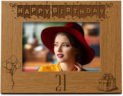 Happy 21st Birthday Engraved Photo Frame Gift Stars and Balloons Landscape