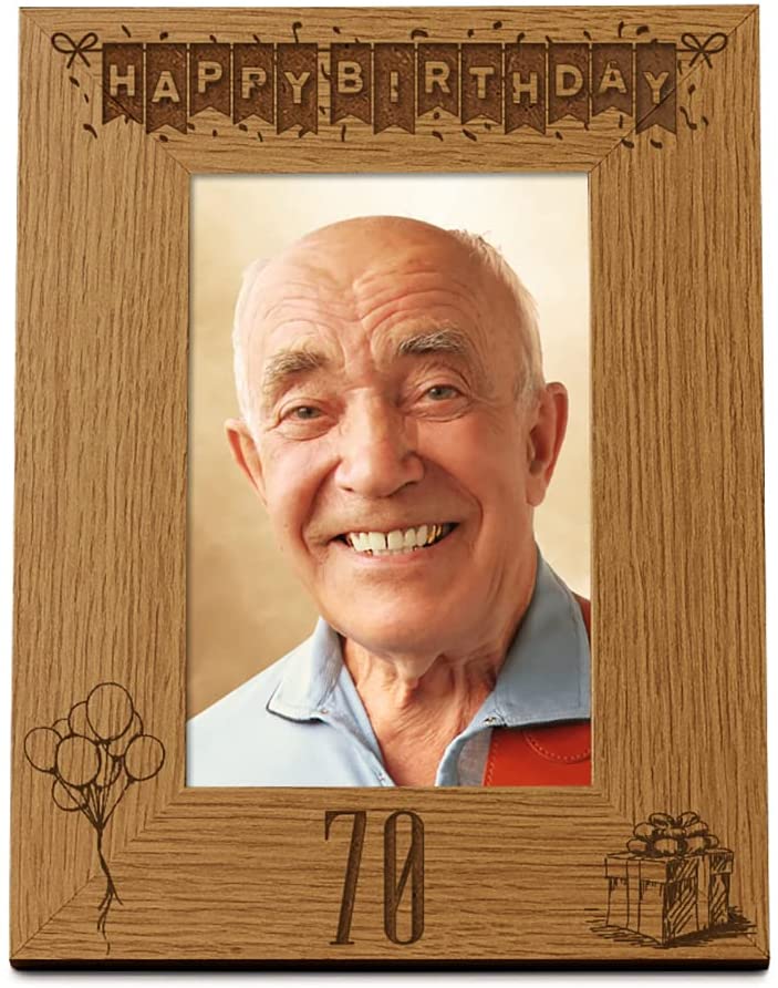 Happy 70th Birthday Engraved Photo Frame Gift Stars and Balloons Portrait Photo Frame ukgiftstoreonline 4 x 6 Inch