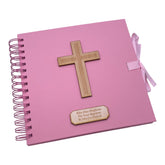 Personalised Christening Baptism Communion Confirmation Pink Guest Book or Scrapbook Album With Wood Cross