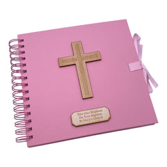 Personalised Christening Baptism Communion Confirmation Pink Guest Book or Scrapbook Album With Wood Cross