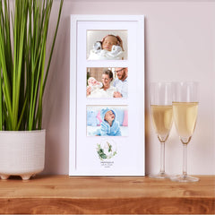 Personalised Christening Triple Photo Frame With Natural Leaves