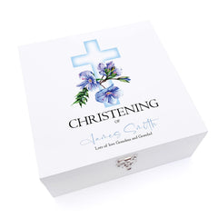 ukgiftstoreonline Personalised Christening Day Wooden Keepsake Memory Box With Blue Cross