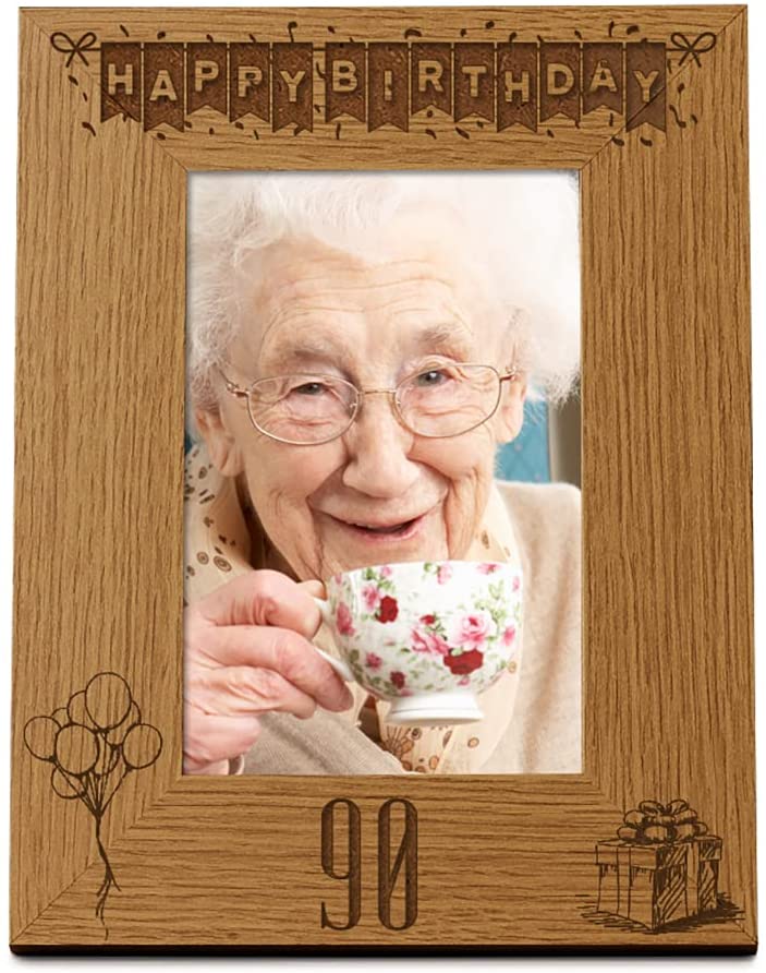 Happy 90th Birthday Engraved Photo Frame Gift Stars and Balloons Portrait Photo Frame ukgiftstoreonline 4 x 6 Inch