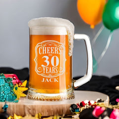 Cheers to 30 Years Birthday Gift Personalised Engraved Glass Beer Tankard