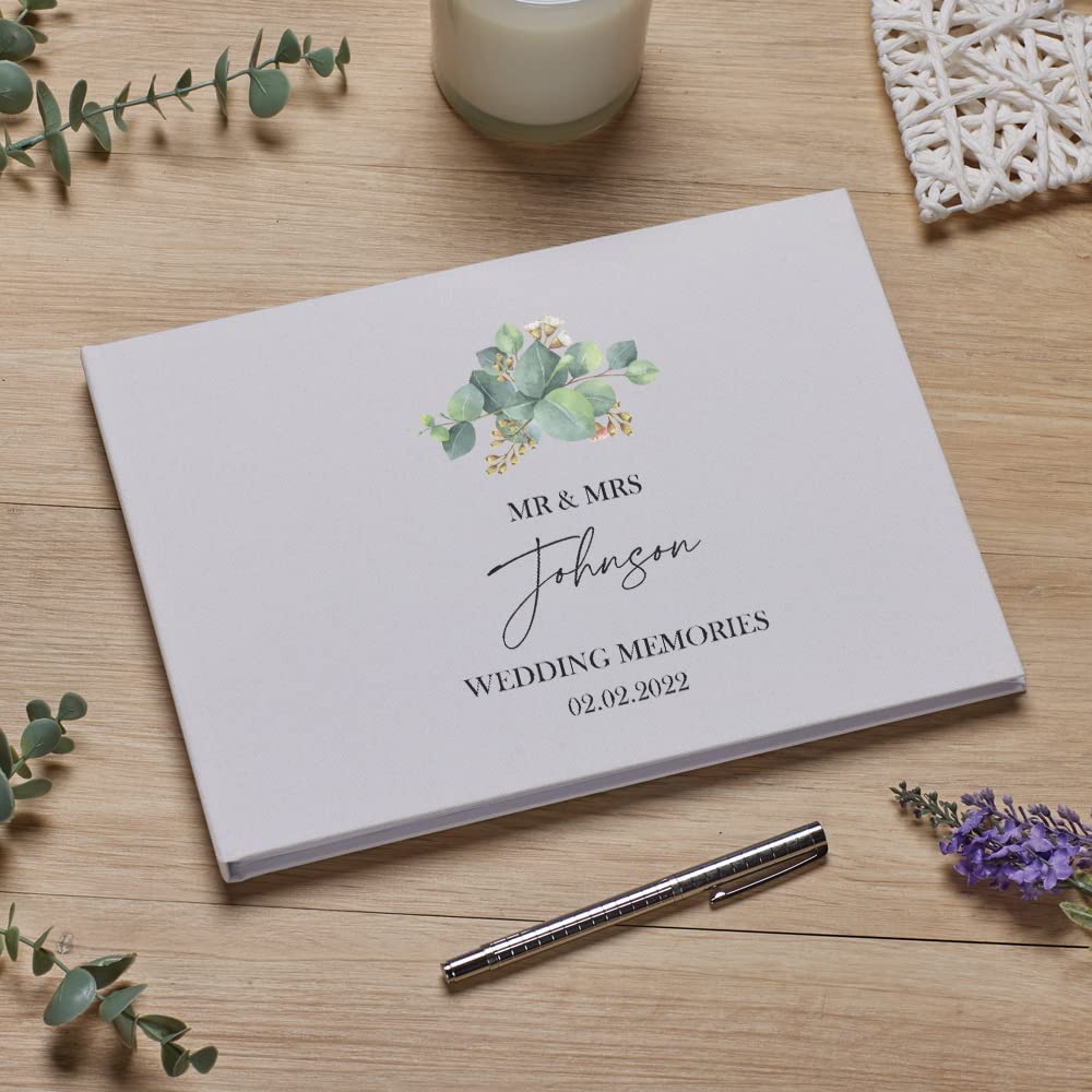 Personalised Eucalyptus Leaf Wedding Linen Guest Book Printed