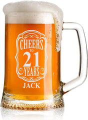Cheers to 21 Years Birthday Gift Personalised Engraved Glass Beer Tankard