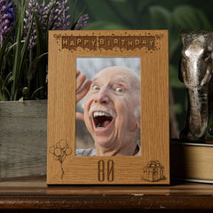 Happy 80th Birthday Engraved Photo Frame Gift Stars and Balloons Portrait