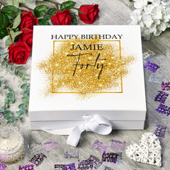 Personalised 40th Birthday Gift Keepsake Memory Box Gold Sparkles Design