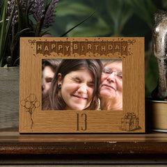 Happy 13th Birthday Engraved Photo Frame Gift Stars and Balloons Landscape