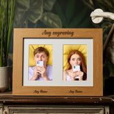 Personalised Engraved Double Wooden Photo Frame With Text Under Photo
