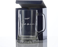 Personalised Name Script with Leaf Design Birthday Beer Tankard Glass Gift for Him