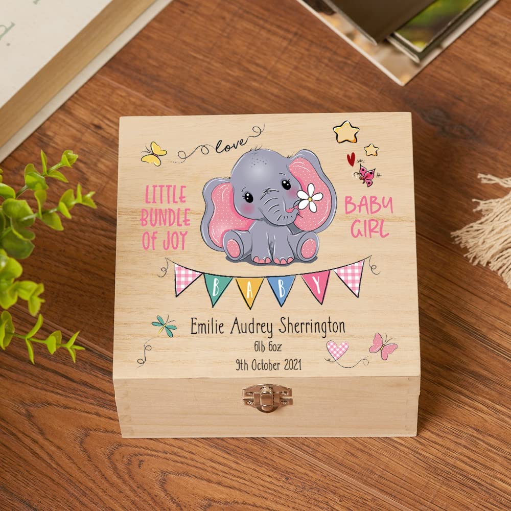 Personalised Wooden Baby Girl Keepsake Memory Box With Cute