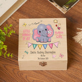 Personalised Wooden Baby Girl Keepsake Memory Box With Cute Elephant