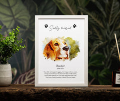 Personalised watercolour Sadly Missed Pet Dog Memory Framed Picture C170-9