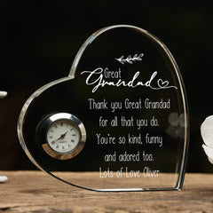 Engraved Personalised Great Grandad Crystal Glass Clock With Sentiment
