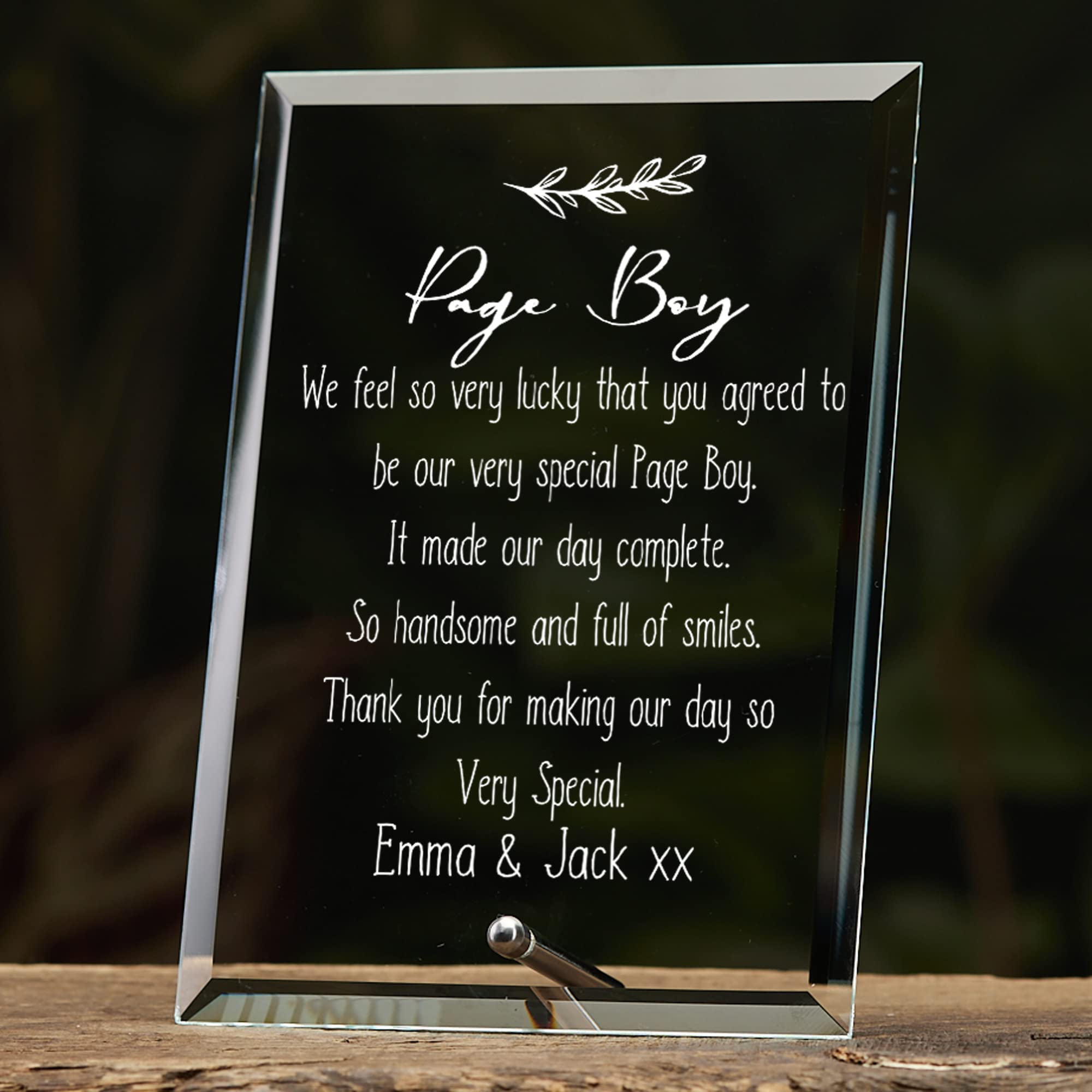 Page Boy Sentiment Personalised Glass Plaque Gift Leaf Design Personalised Plaque Gift ukgiftstoreonline Small